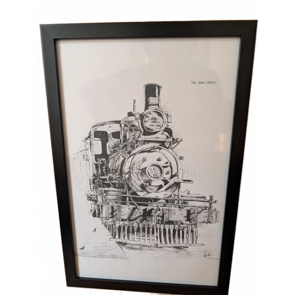 The Iron Horse Pen Drawing Signed 2002 Framed 16x12 in
