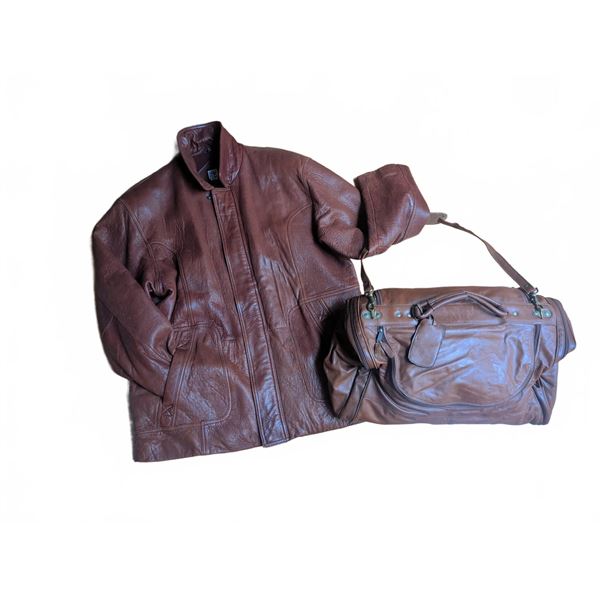 Men's Size L Genuine Leather Jacket and Matching Duffle Bag
