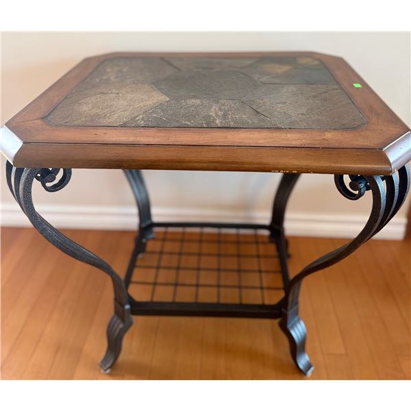 Square End Table with Slate Tile Top and Metal Base