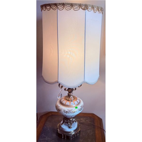Ceramic Table Lamp with Ornate Metal Accents and Fabric Shade
