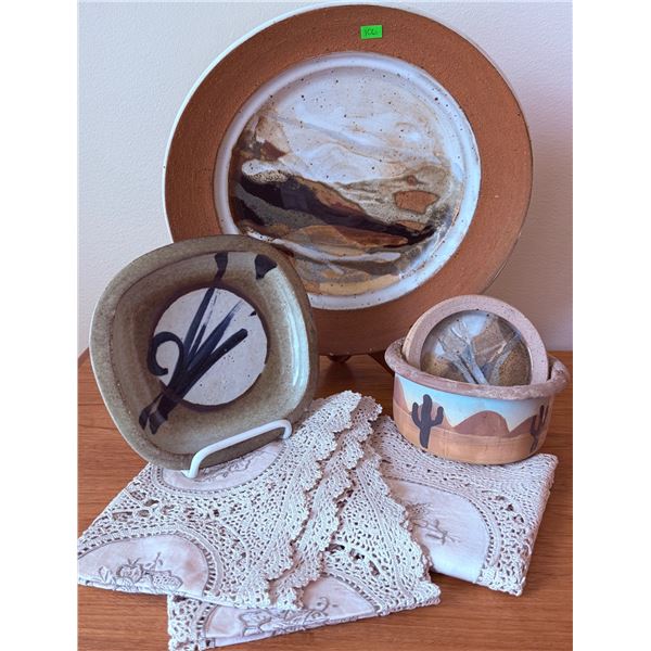 One-of-a-Kind Pottery Dish Set with Southwestern Motifs and Crochet Linens