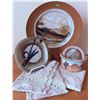 Image 1 : One-of-a-Kind Pottery Dish Set with Southwestern Motifs and Crochet Linens