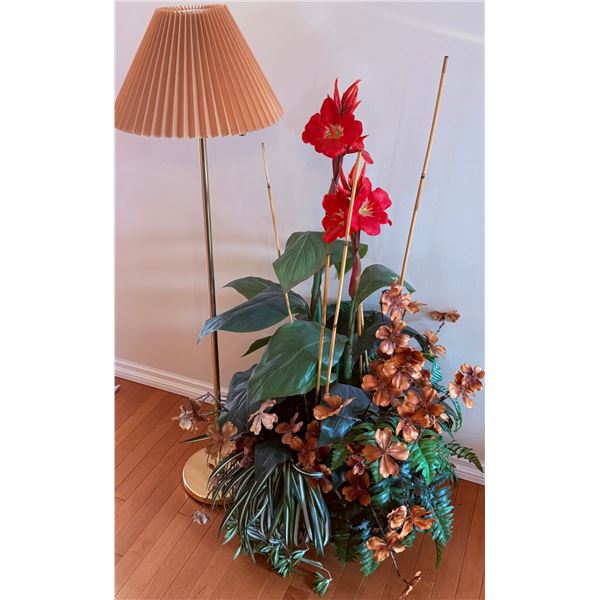 Brass Floor Lamp with Pleated Shade and Artificial Floral Arrangement