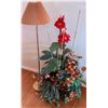 Image 1 : Brass Floor Lamp with Pleated Shade and Artificial Floral Arrangement