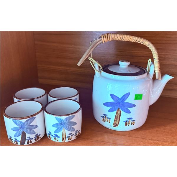 Ceramic Teapot with Lid and Four Matching Cups, Blue Floral Design