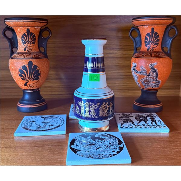 Greek Pottery Lot with Two Hand-Painted Vases, 24K Gold Decorated Vase, and Four Ceramic Tiles