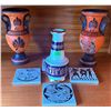 Image 2 : Greek Pottery Lot with Two Hand-Painted Vases, 24K Gold Decorated Vase, and Four Ceramic Tiles