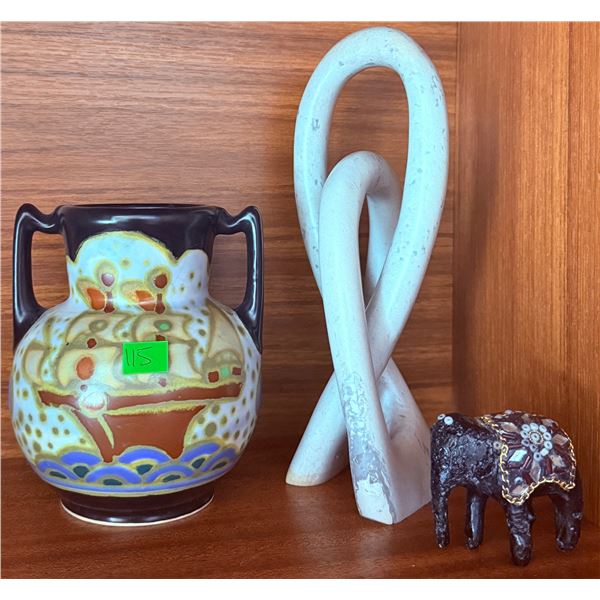 Three Decorative Items: Ceramic Vase, Abstract Sculpture, Mosaic Elephant