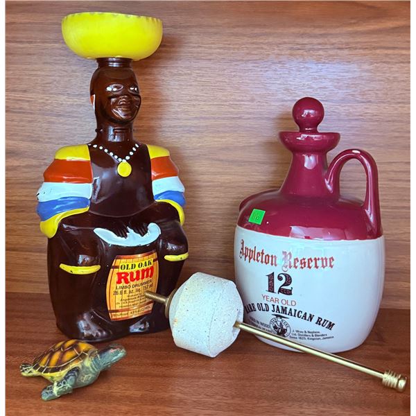 Rum Bottle Decanters and Resin Turtle Figurine