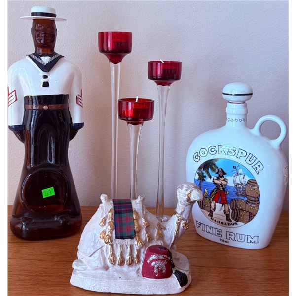 Decor Group: Glass Sailor Decanter, Cockspur Rum Jug, Red Candleholders, Camel Figurine