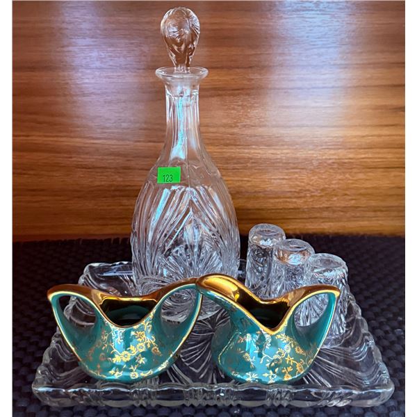 Cut Glass Decanter Set With Teal and Gold Creamer and Sugar Bowls
