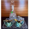 Image 1 : Cut Glass Decanter Set With Teal and Gold Creamer and Sugar Bowls