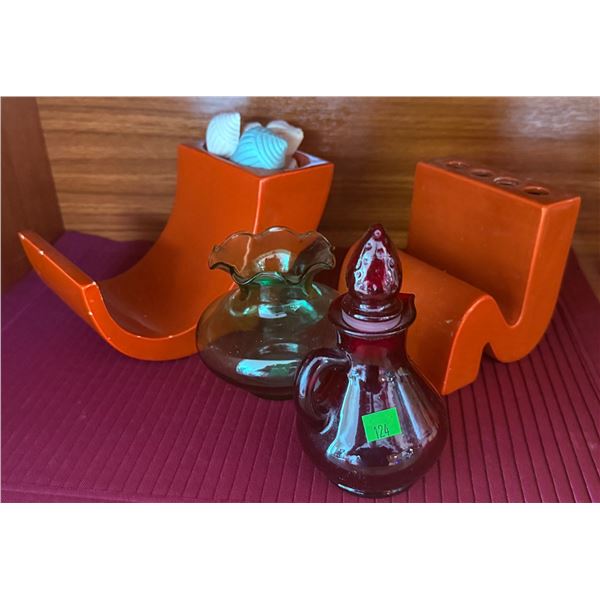 Glass Bottles and Orange Ceramic Flower Holders