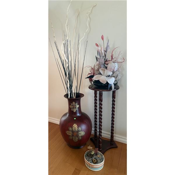 Large Decorative Vase, Potted Cactus, Pedestal Table, and Artificial Flower Arrangement