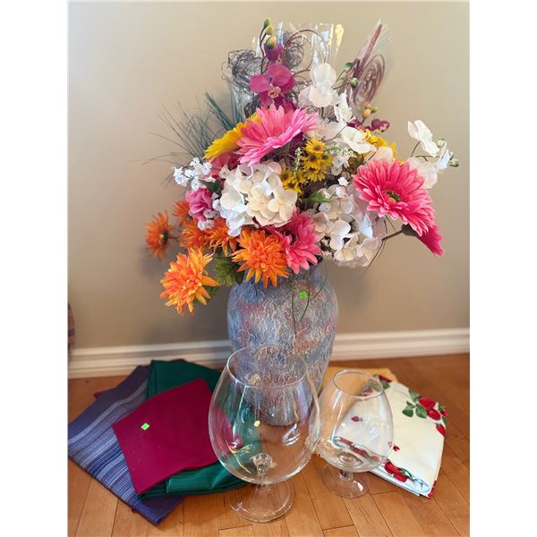 Decorative Vase with Silk Flower Arrangement, Two Oversized Glasses, and Assorted Table Linens
