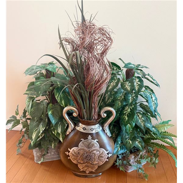 Decorative Ceramic Urn with Handles and Two Artificial Foliage Arrangements