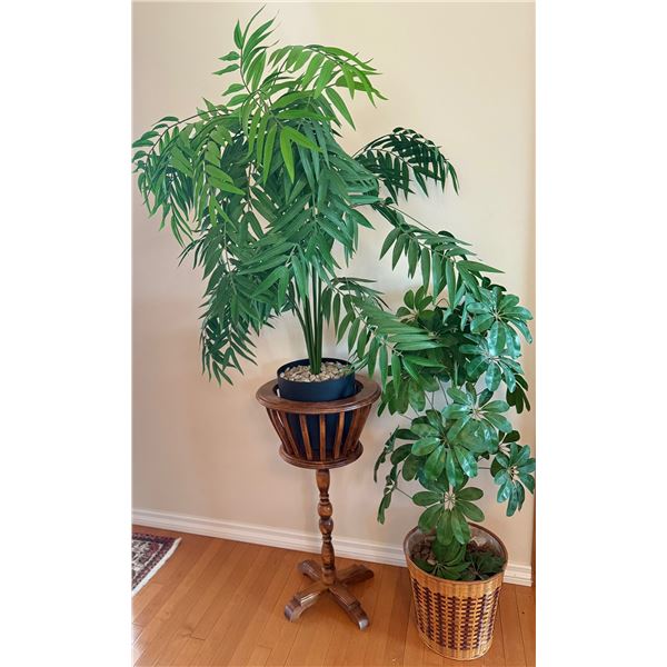 Artificial Palm and Schefflera Plants with Planters and Wood Plant Stand