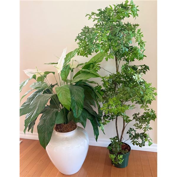 Artificial Tree and Peace Lily in Decorative Planters