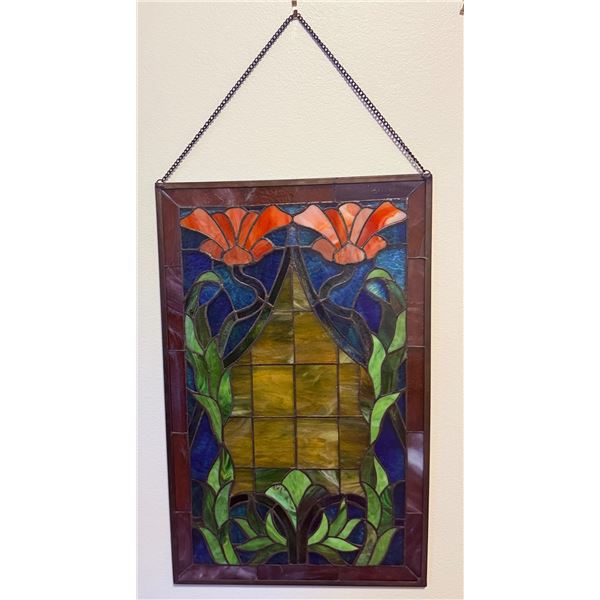 Stained Glass Panel with Orange Floral Motif and Chain
