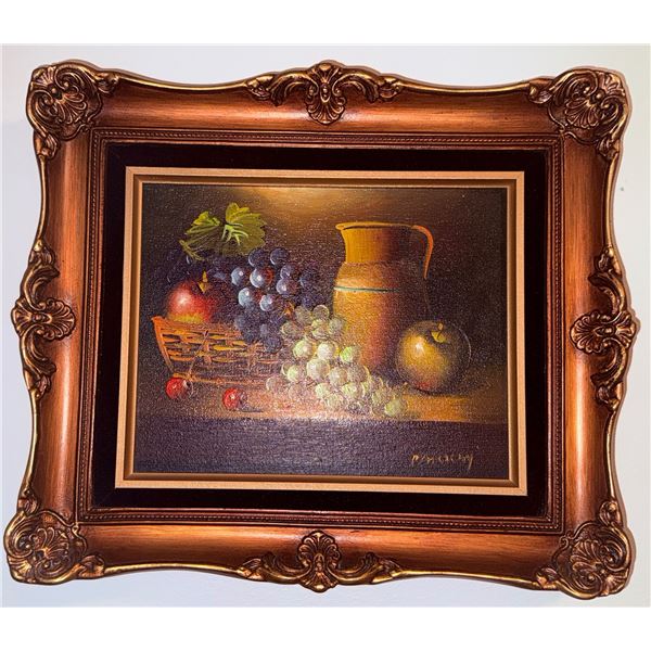 Framed Still Life Oil Painting with Fruit and Pitcher Signed