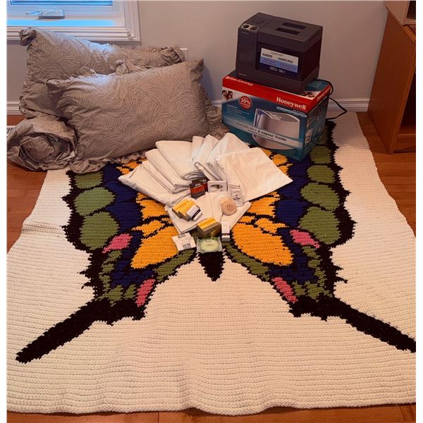 Household Lot with Crochet Butterfly Blanket, Humidifiers, Linens, and Pillows