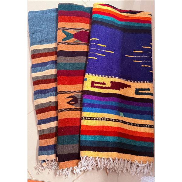 Three Handwoven Wool Striped Blankets with Fringe