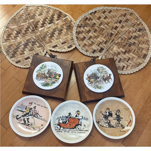 5 Decorative Plates with Humorous Motifs and 2 Woven Hand Fans