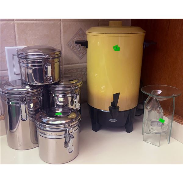 West Bend Coffee Percolator, Stainless Canisters and Glass Oil Burner