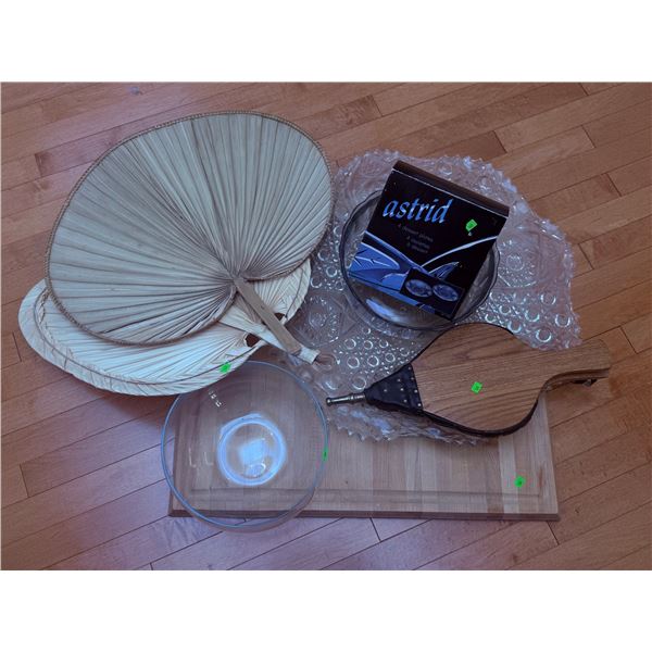 Household Items Including Palm Leaf Fans, Glassware, and Fireplace Bellows