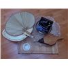 Image 1 : Household Items Including Palm Leaf Fans, Glassware, and Fireplace Bellows