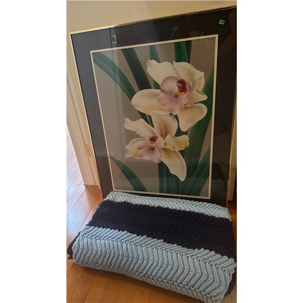 Framed Orchid Flower Print and Knit Blanket Bundle