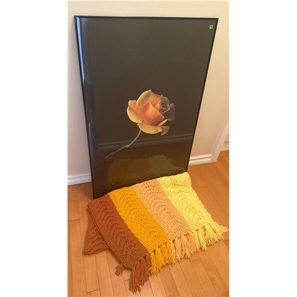 Framed Rose Print and Striped Crochet Blanket Set
