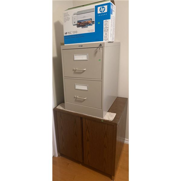 HP PSC 1510 Printer, Two-Drawer Metal Filing Cabinet, and Wood Storage Cabinet