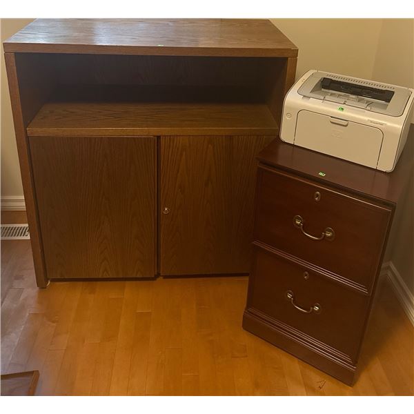 HP LaserJet P1005 Printer, Two-Drawer File Cabinet, and Wooden Storage Cabinet