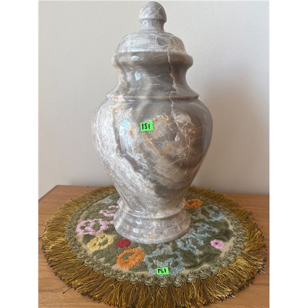Polished Onyx Lidded Urn and Assorted Embroidered Doilies