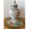 Image 1 : Polished Onyx Lidded Urn and Assorted Embroidered Doilies