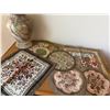 Image 3 : Polished Onyx Lidded Urn and Assorted Embroidered Doilies
