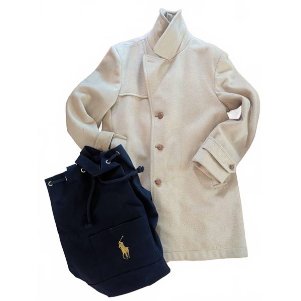 Men's Beige Wool Coat With Red Lining and Polo Ralph Lauren Navy Bag