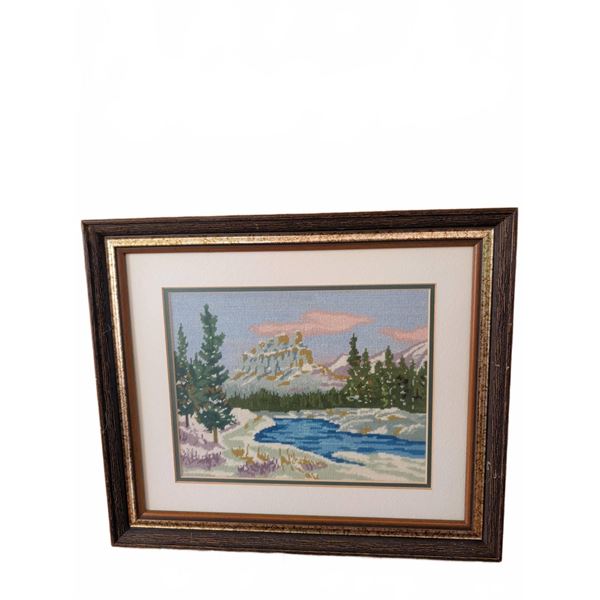 Framed Needlepoint Mountain Landscape Artwork 13 x 11 Inches