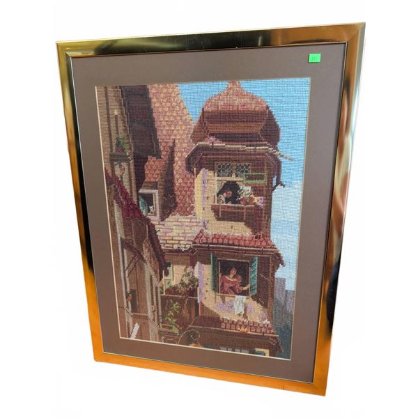 Framed Needlepoint Artwork of Figures at Windows 24 x 18 in