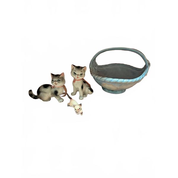 3 Cat Figurines and Beswick Pottery Basket