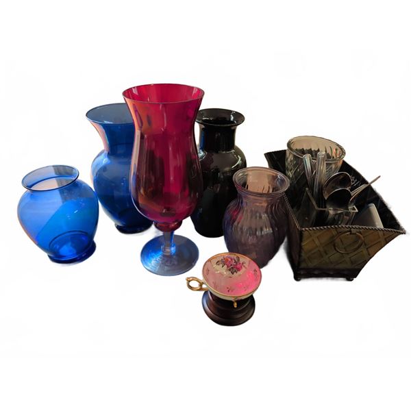Glass Vases, Porcelain Footed Teacup, and Flatware Set