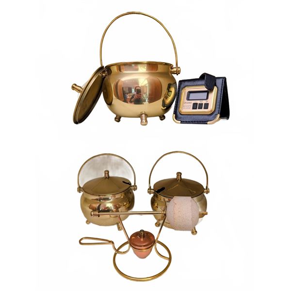 3 Brass Cauldron-Style Pots with Lids and Accessories