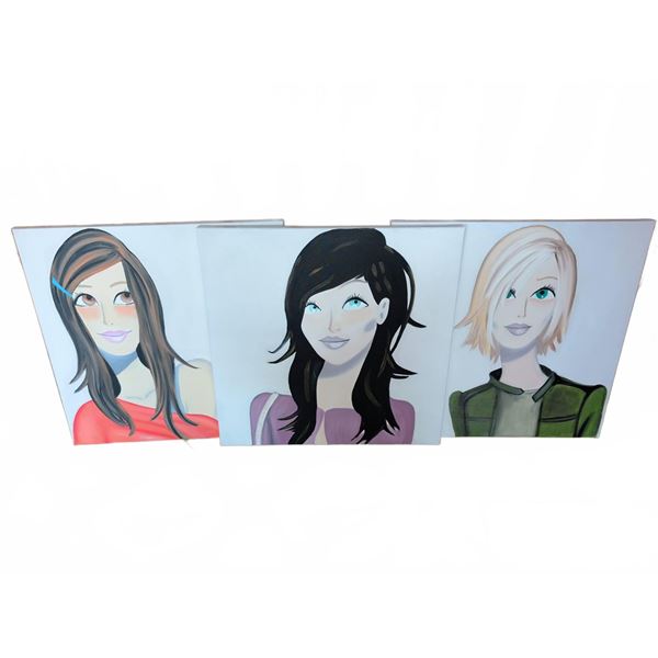 Three Acrylic Portrait Paintings on Canvas - Artist Unknown