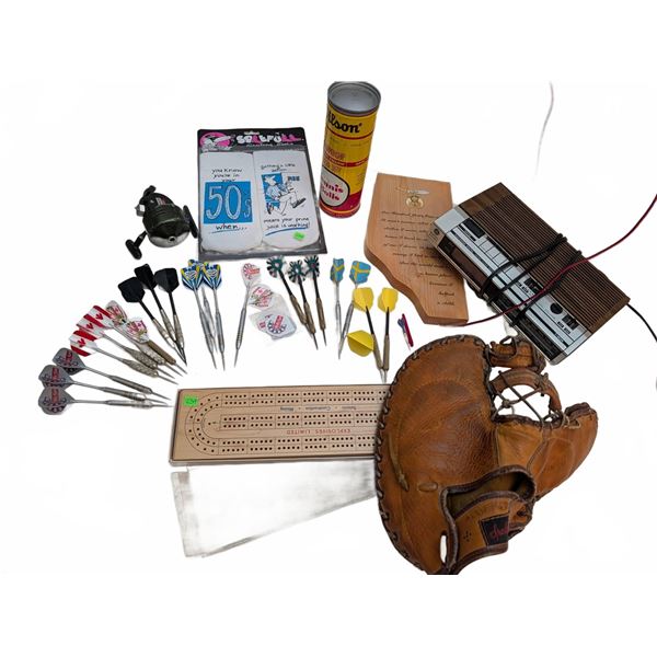 Lot: Darts, Cribbage Board, Spalding Glove, GE Clock Radio
