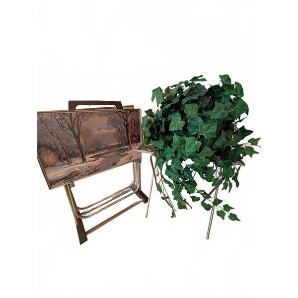 Four Classic Retro Folding TV Trays and Faux Ivy Plant