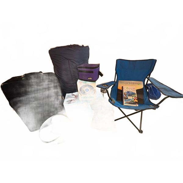 Camping and Outdoor Lot With Chair, Cooler, Fan, and Gear