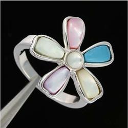 Mother-Of-Pearl & Turquoise Sterling Silver Flower Ring