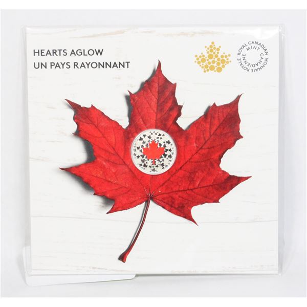 SILVER 5 DOLLAR HEARTS A GLOW CANADIAN COIN