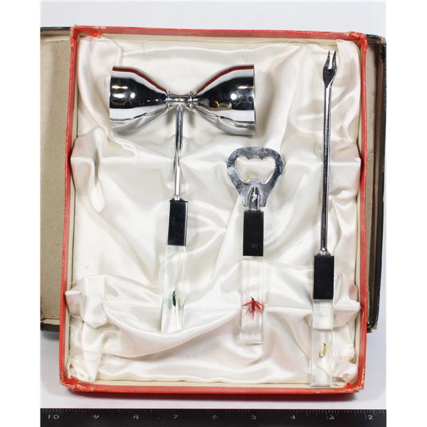 VINTAGE MCM ATOMIC LUCITE STAINLESS STEEL BAR SET